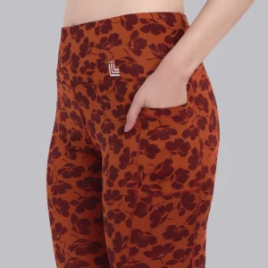 Dark Orange Floral Printed Gym Tights