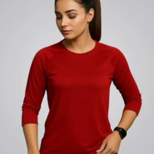 Red 3/4 Sleeve Rapid Dry Workout T-Shirt For Women
