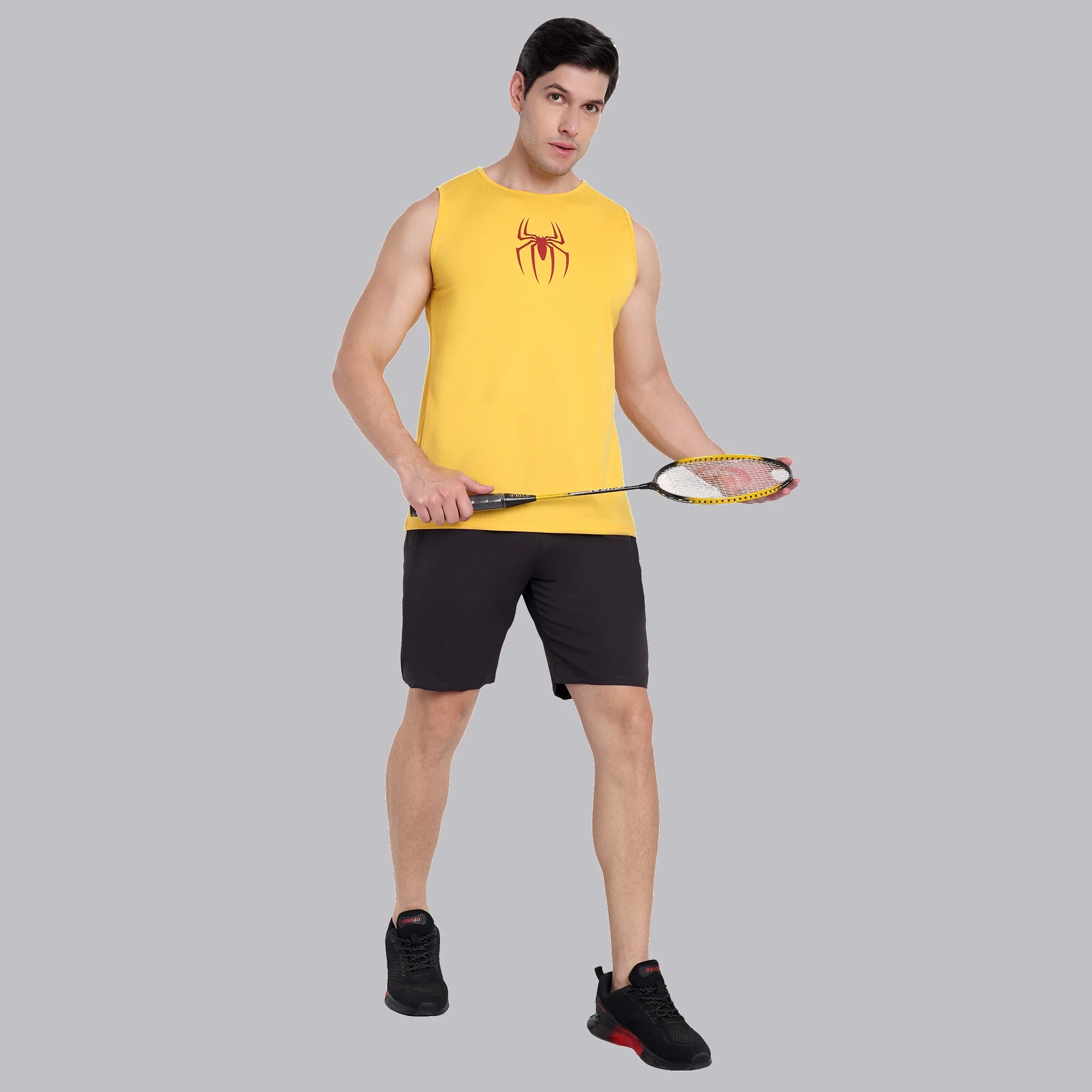 Yellow Round Neck Gym Stringer & Tank Top for Men